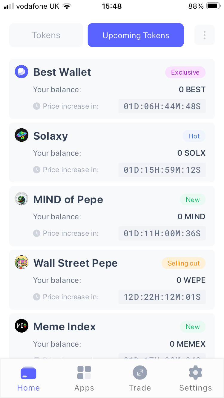 베스트 월렛 업커밍토큰 화면
